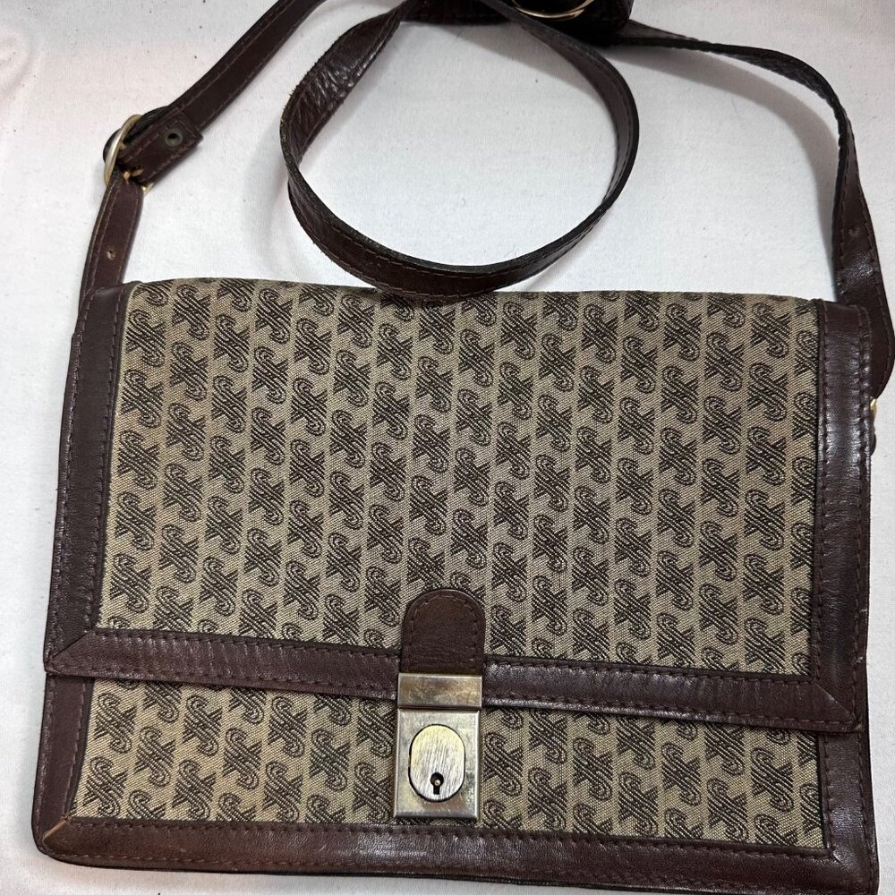 Vintage Jaeger Made In Italy Monogram Leather Crossbody Bag 90s Brown